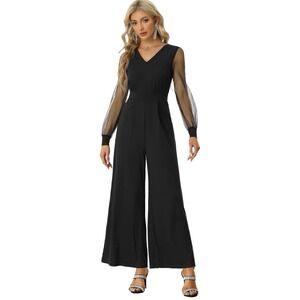 Allegra K Women's Classic V Neck Black Wide Cropped Leg Jumpsuit Sz XL - NWT‎